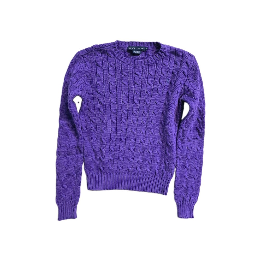 Ralph Lauren Vintage Women's Cable Knit Sweater XS Purple Logo